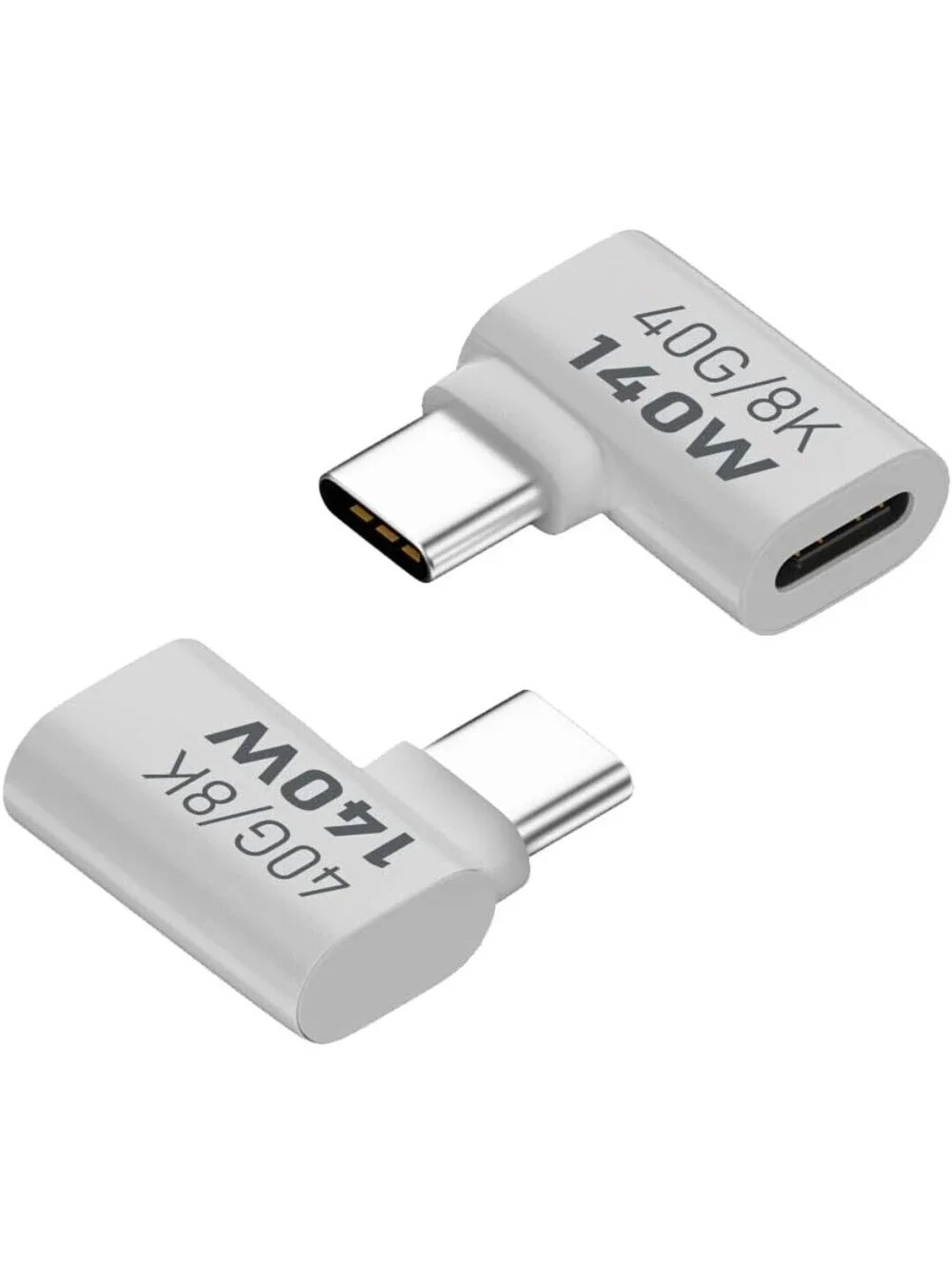 USB-C Female to Male 90° Adapter Extender 140W 40Gbps 8K – 2 Pack (White)